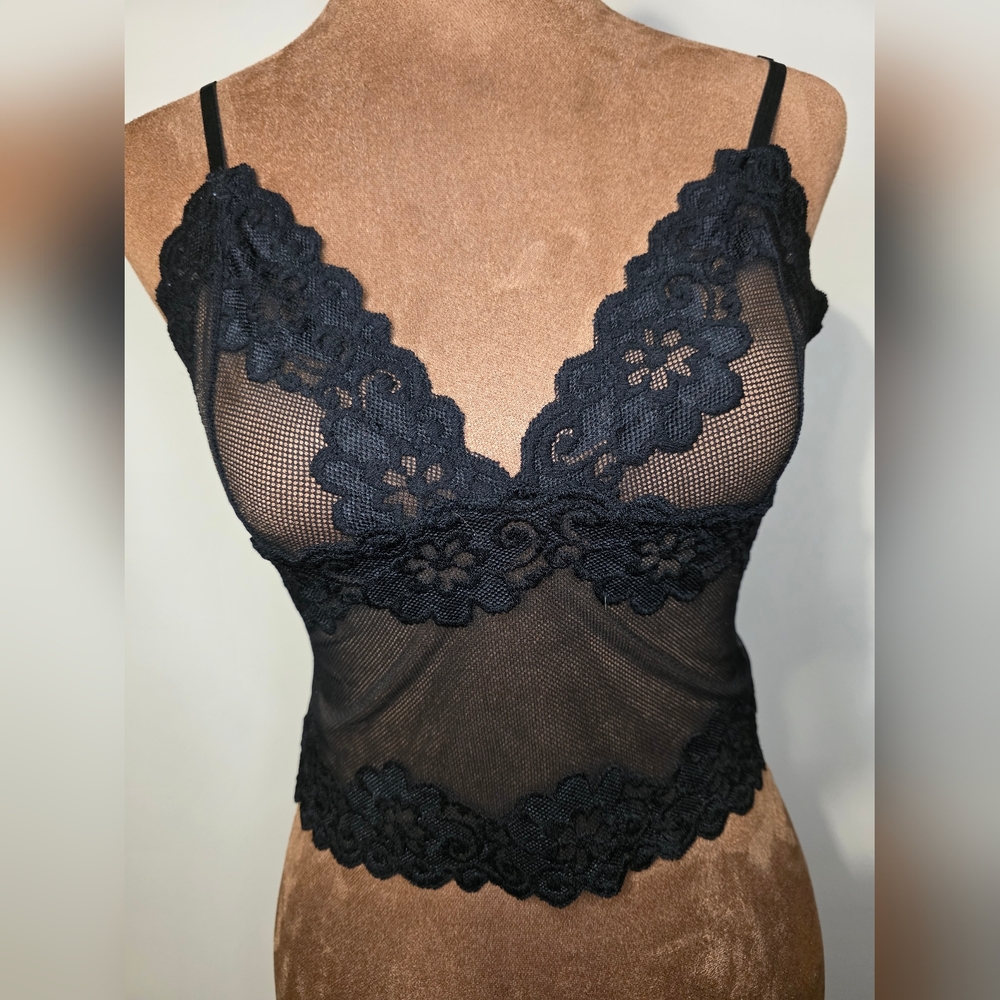 Rampage Black Floral Lace Bralette – Scalloped Trim – Sheer Boho Layering Piece